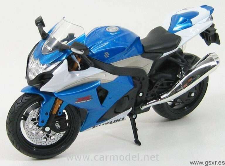 Moto miniatura juguete Suzuki GSXR 1000 2009 azul y blanco