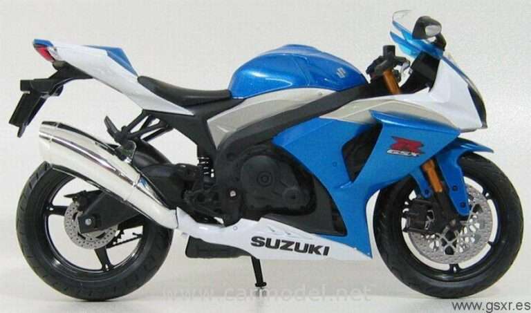 Moto miniatura juguete Suzuki GSXR 1000 2009 azul y blanco