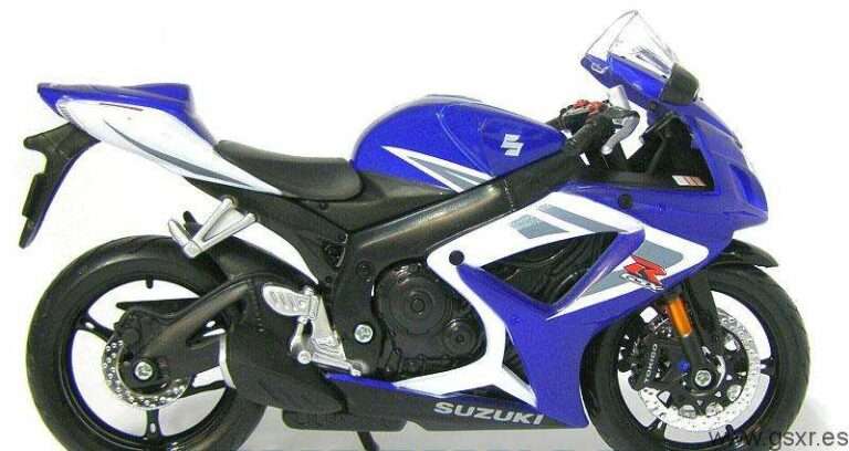 Moto miniatura juguete Suzuki GSXR 750 2007 azul y blanco